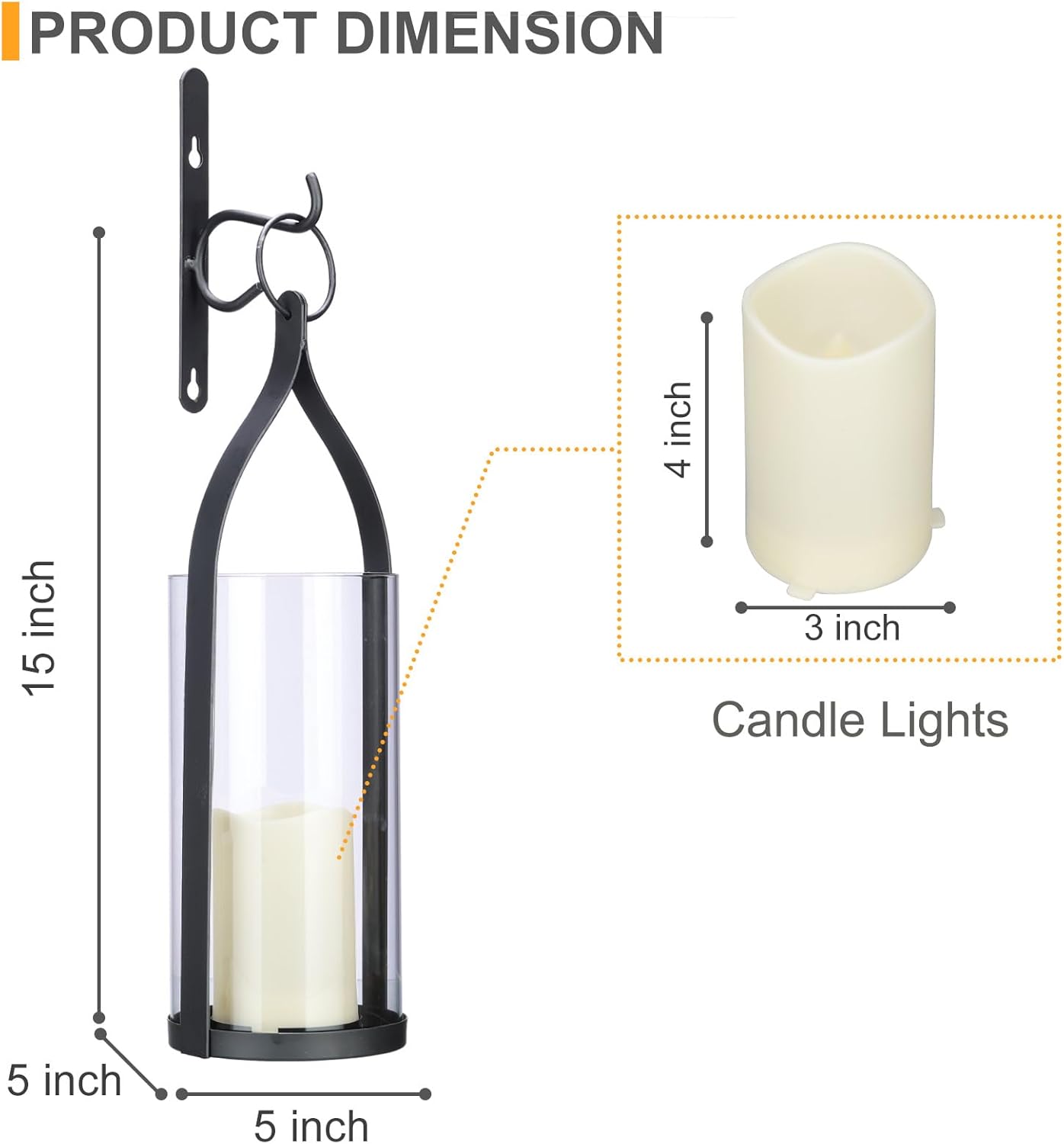 Metal Wall Sconce Candle Lantern Set of 2 - Black Wall Mounted Hanging Holder with Glass & Candles Vintage Wall Decor for Porch, Living Room, Dining Room, Bedroom Indoor Decor