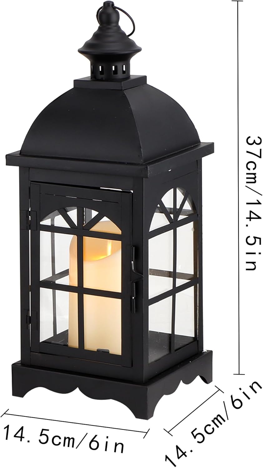 TRIROCKS Decorative Vintage Candle Lanterns 14.5" H Farmhouse Outdoor Hanging Lanterns with Tempered Glass for Porch, Balcony, Patio, Home, Centerpieces, Indoor, Outdoor(Black)