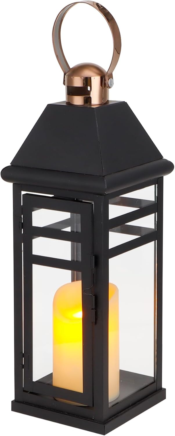 TRIROCKS Decorative Vintage Candle Lanterns 15.5" H Farmhouse Outdoor Hanging Lanterns with Tempered Glass for Porch, Balcony, Patio, Home, Centerpieces, Indoor, Outdoor(Black with Gold top)