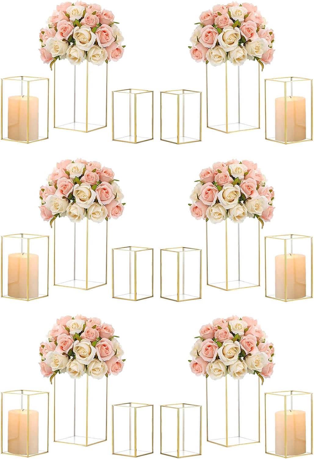 Hewory Glass Hurricane Candle Holder Set of 18, Gold Large Hurricane Centerpiece for Table, Tall Floor Square Pillar Candle Holders Lantern Set for Wedding, Anniversary, Party, Fireplace, Dining Room