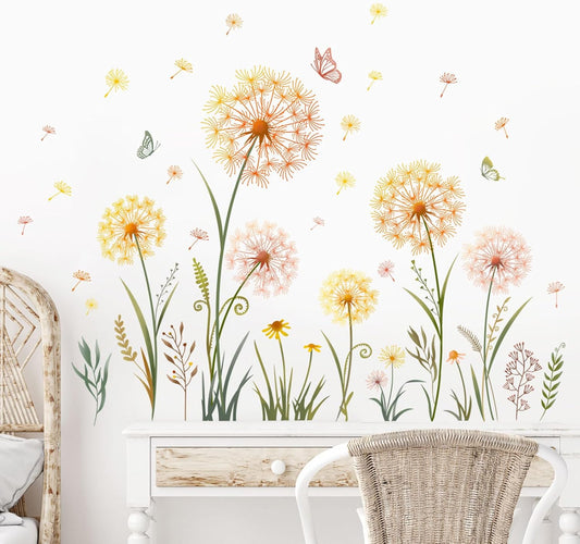 Dandelion Flower Butterfly Wall Decals Gold Dandelion Plants Floral Wall Stickers Peel and Stick Vinyl Wall Art Decor for Living Room Bedroom Office TV Sofa Backdrop Home Decor Gifts for Mom