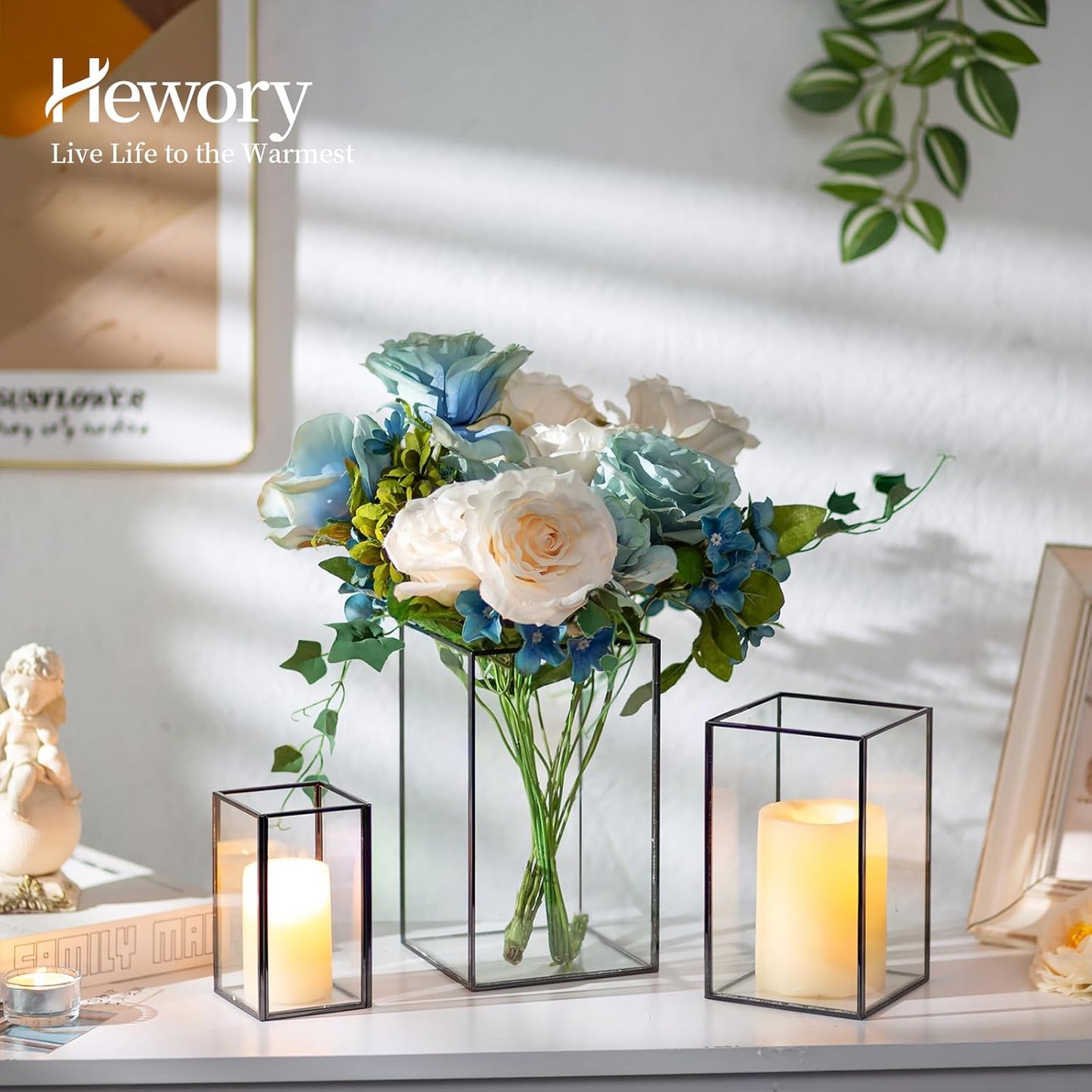 Glass Hurricane Candle Holder Large - Hewory 18pcs Black Rectangle Flower Holders Centerpiece for Table, Tall Floor Square Pillar Candle Lantern for Wedding, Anniversary, Party, Fireplace, Dining Room