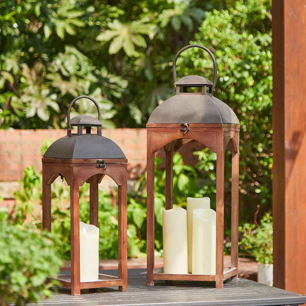 Glitzhome Set of 2 Mondern Farmhouse Wooden Lantern Hanging Decorative Candle Lanterns for Outdoor & Indoor Brown (No Glass)