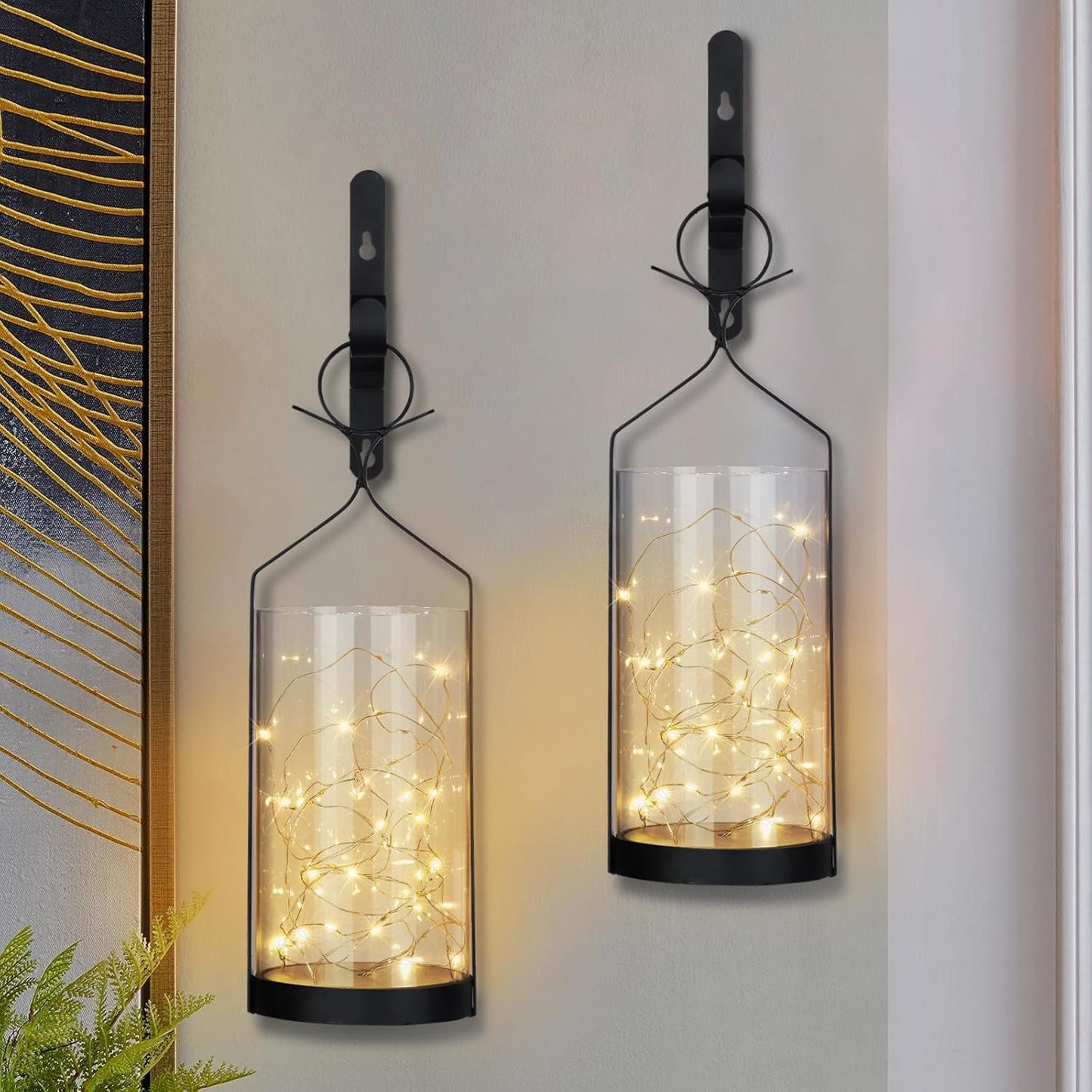 Metal Wall Sconce 35 Led Lantern Set of 2 - Black Wall Mounted Hanging Holder with Glass & Candles Vintage Wall Decor for Porch, Living Room, Dining Room, Bedroom Indoor Decor