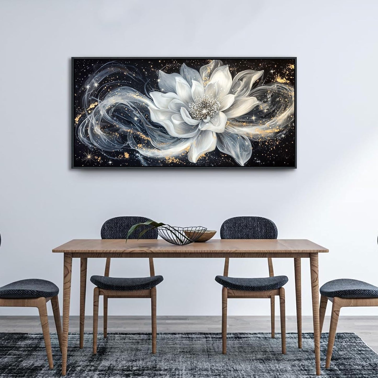 QZQCBLC Abstract Flower Wall Art, Black and White Gold Simplicity Framed Canvas Painting Large White Lotus Modern Pictures Artwork for Living room Bedroom kitchen Home Office Decor 24x48 IN